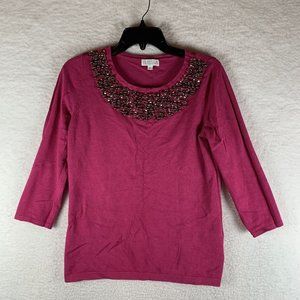 Joseph A Sweater Womens Medium Pink Beaded Neck Long Sleeve Pullover Barbie 7501